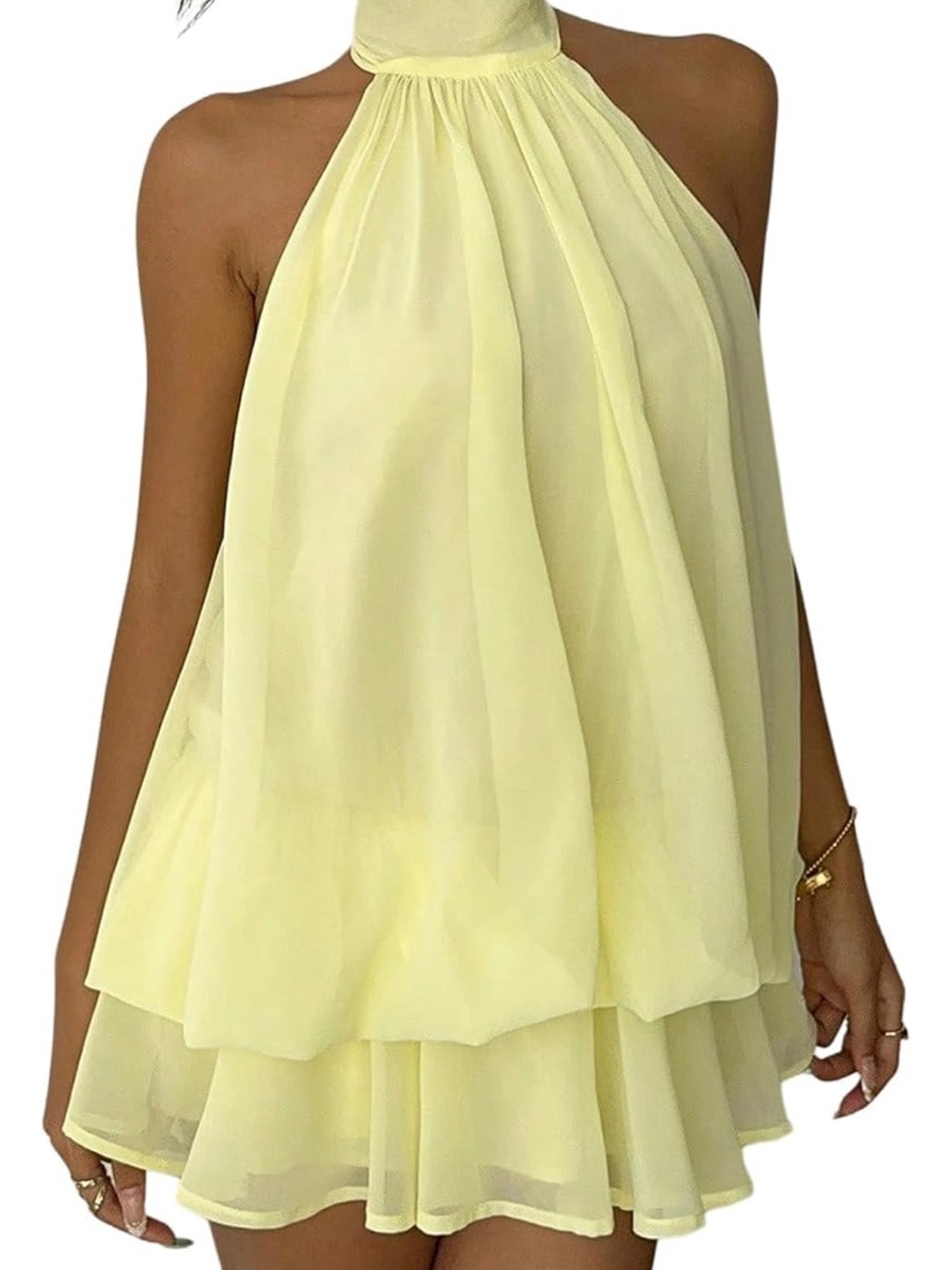 Amazon Pale Yellow Halter Ruffle Mini Dress - Picture 3 of 3